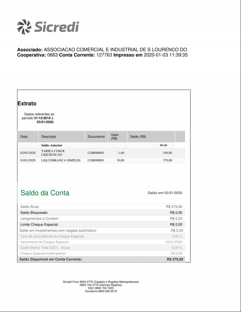 CONTA BANCÁRIA ATUALIZADA EM 03/01/2020
