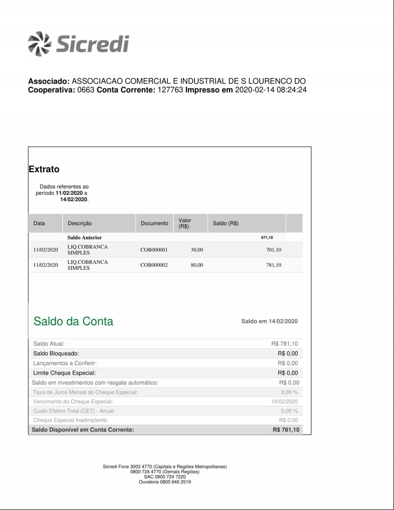 CONTA BANCÁRIA ATUALIZADA EM 14/02/2020