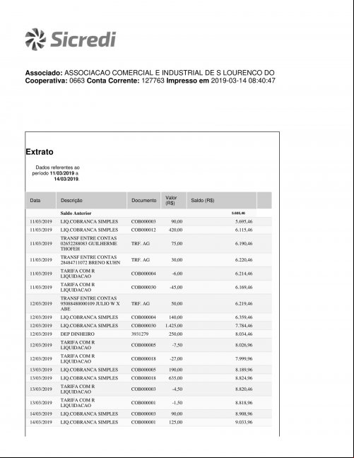 CONTA BANCÁRIA ATUALIZADA EM: 14/03/2019