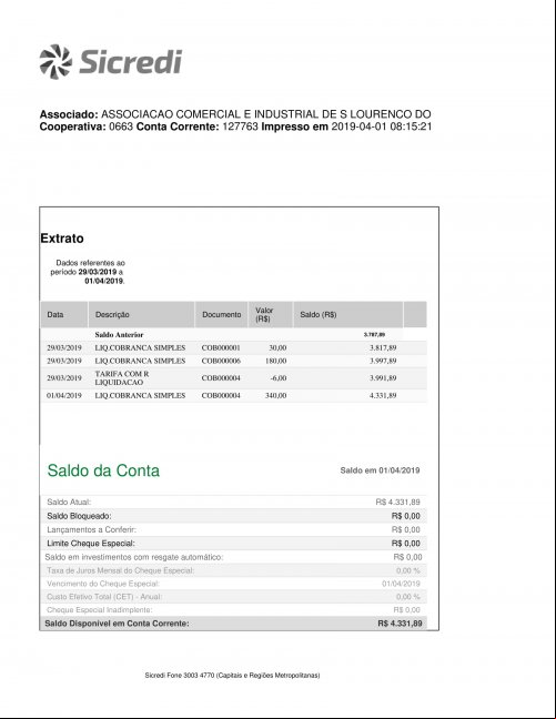CONTA BANCÁRIA ATUALIZADA EM: 01/04/2019