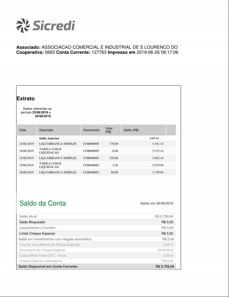 CONTA BANCÁRIA ATUALIZADA EM: 26/06/2019
