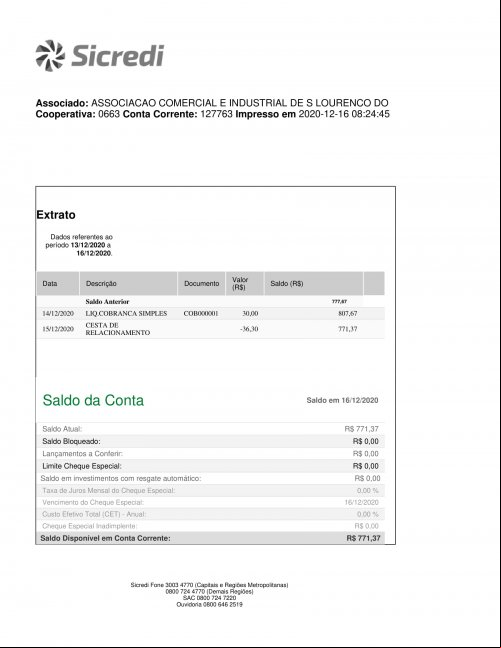 CONTA BANCÁRIA ATUALIZADA EM 16/12/2020