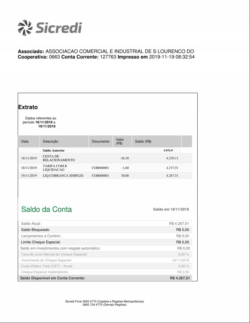 CONTA BANCÁRIA ATUALIZADA EM: 19/11/2019