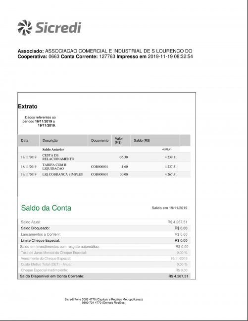 CONTA BANCÁRIA ATUALIZADA EM: 19/11/2019