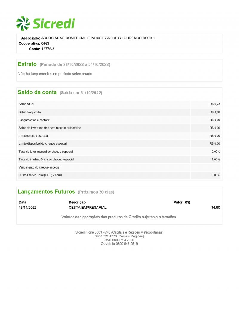 CONTA BANCÁRIA ATUALIZADA EM 31/10/2022