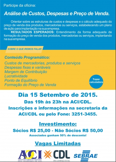 PARTICIPE DA OFICINA – ANÁLISE DE CUSTOS, DESPESAS E PREÇO DE VENDA.