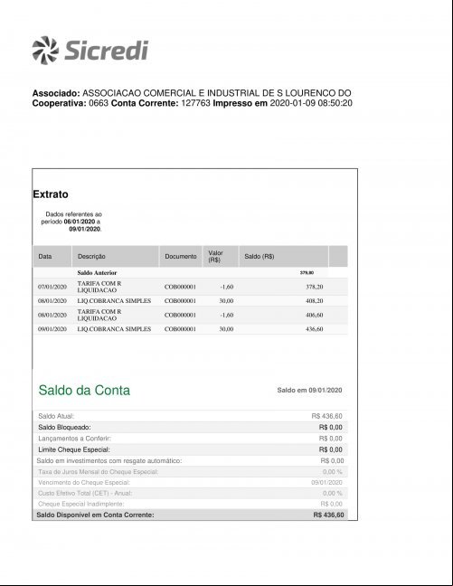 CONTA BANCÁRIA ATUALIZADA EM 09/01/2020