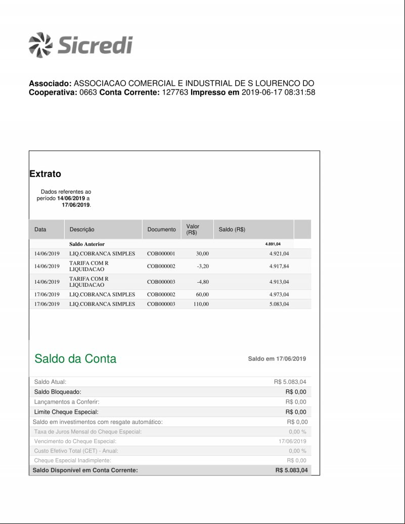 CONTA BANCÁRIA ATUALIZADA EM: 17/06/2019