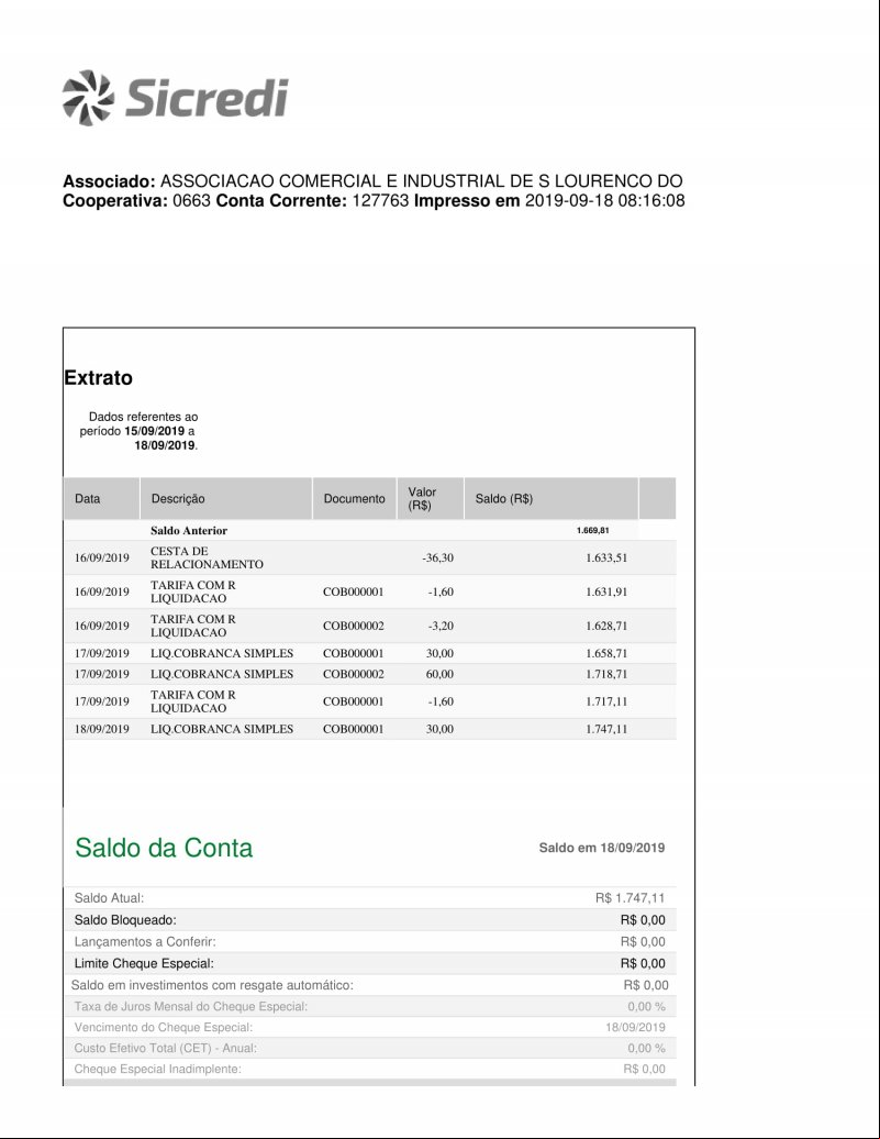 CONTA BANCÁRIA ATUALIZADA EM: 18/09/2019