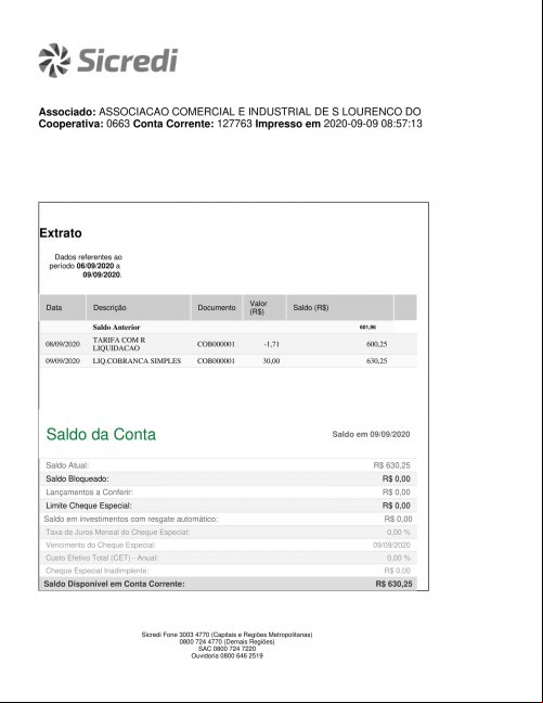 CONTA BANCÁRIA ATUALIZADA EM 09/09/2020