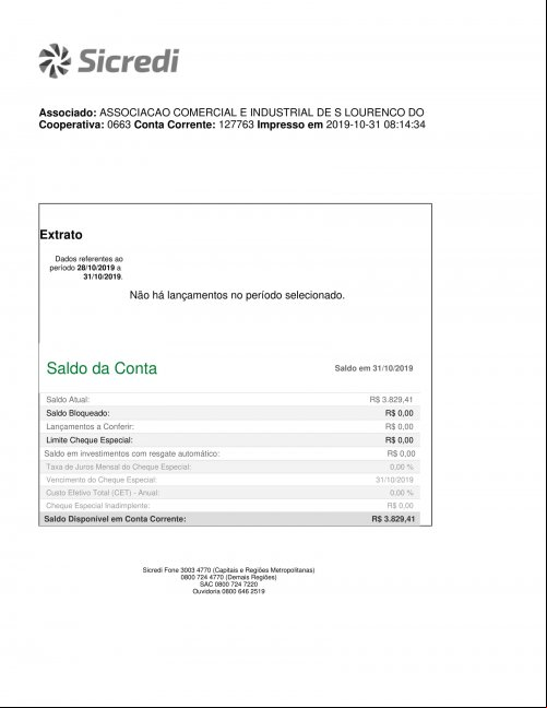 CONTA BANCÁRIA ATUALIZADA EM: 31/10/2019