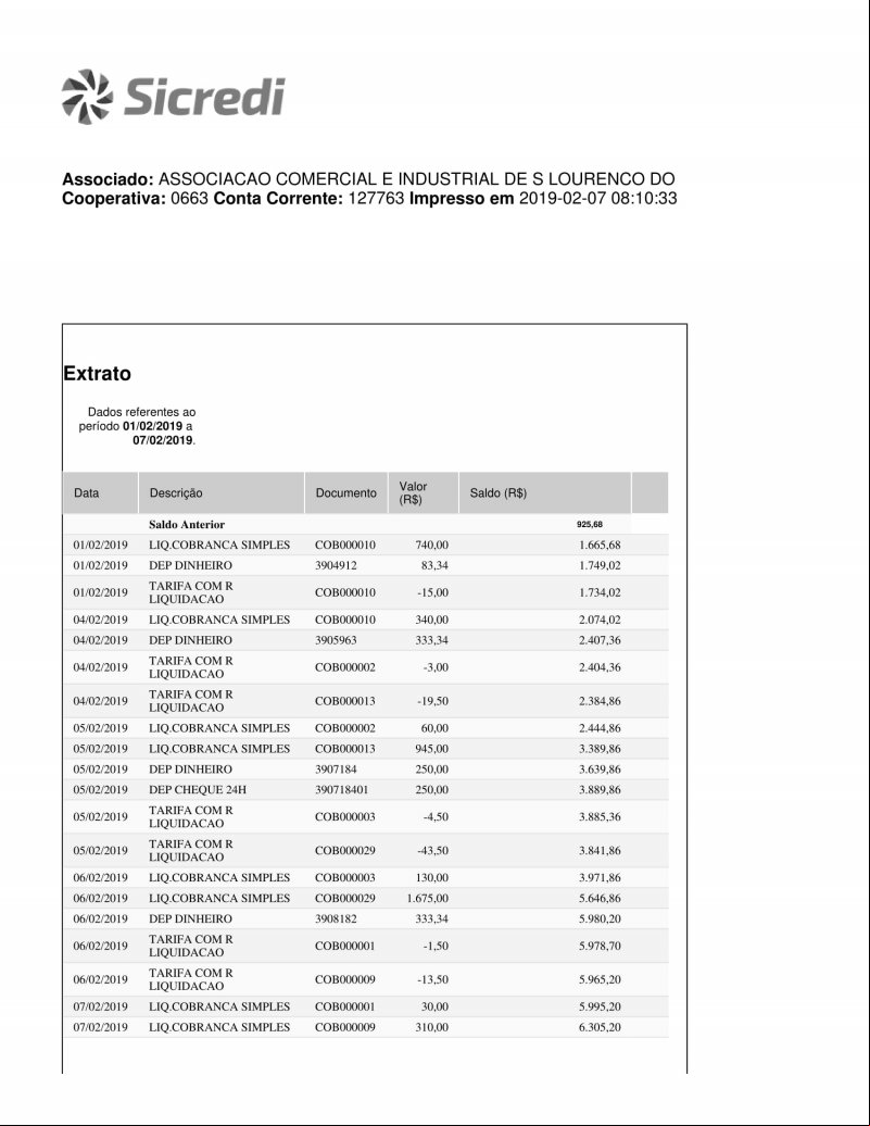 CONTA BANCÁRIA ATUALIZADA EM: 07/02/2019