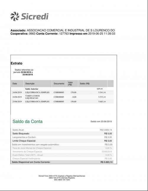 CONTA BANCÁRIA ATUALIZADA EM: 25/06/2019
