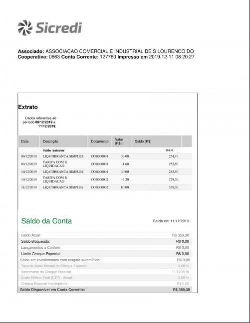 CONTA BANCÁRIA ATUALIZADA EM 11/12/2019