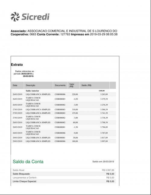 CONTA BANCÁRIA ATUALIZADA EM: 29/03/2019