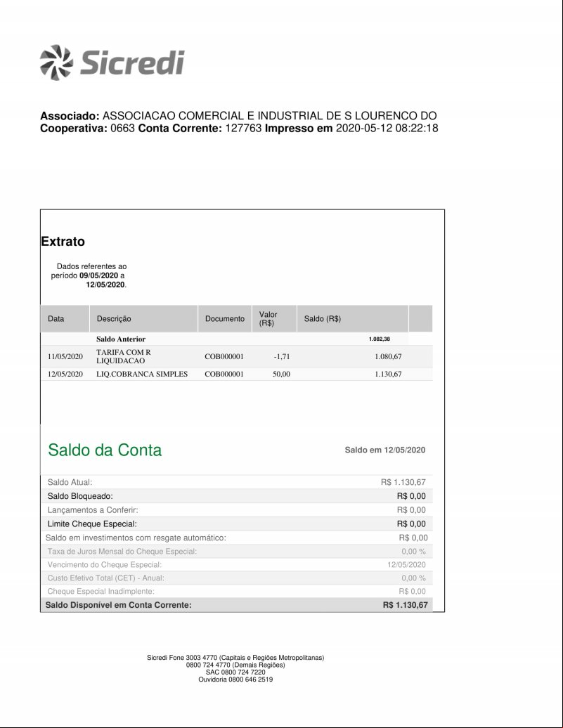 CONTA BANCÁRIA ATUALIZADA EM 12/05/2020