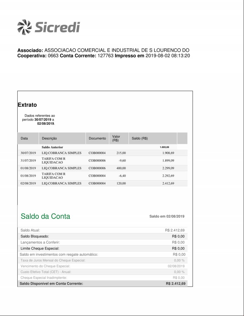 CONTA BANCÁRIA ATUALIZADA EM: 02/08/2019