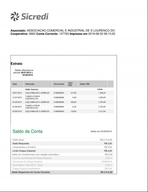 CONTA BANCÁRIA ATUALIZADA EM: 02/08/2019