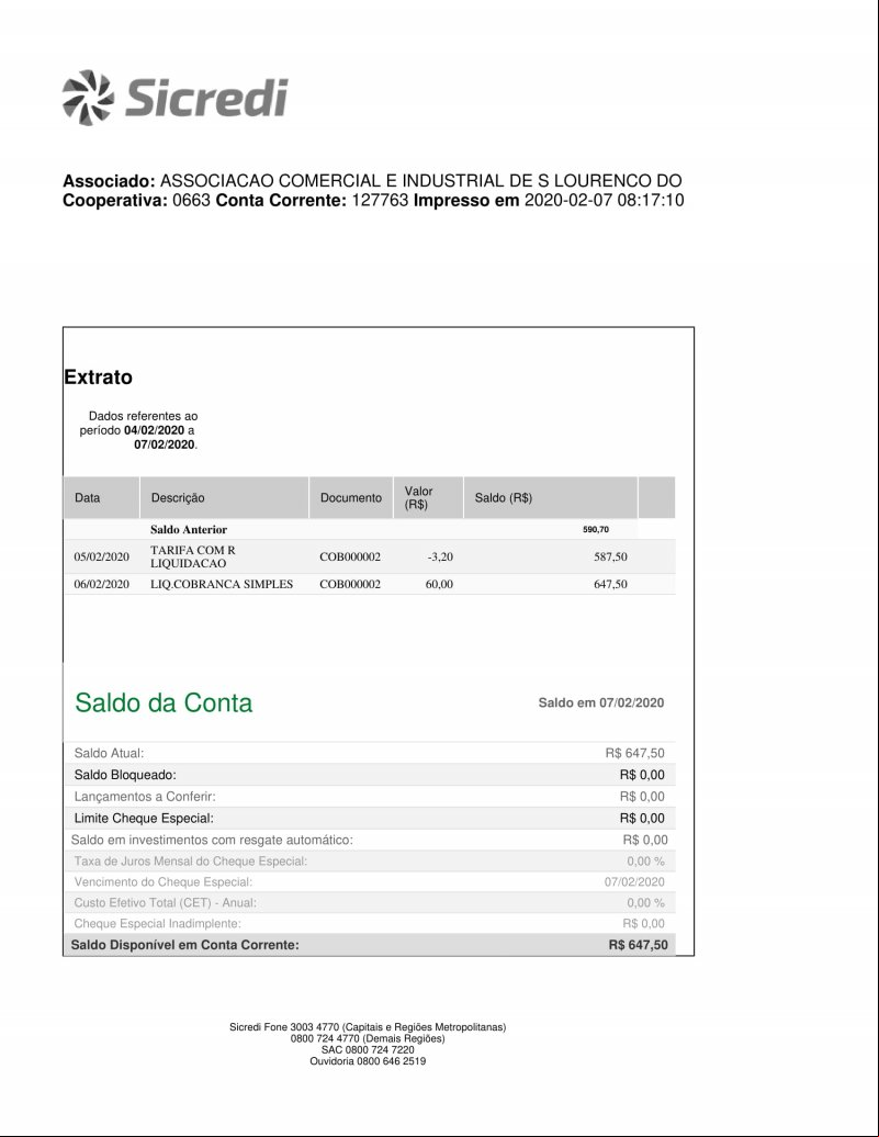 CONTA BANCÁRIA ATUALIZADA EM 07/02/2020