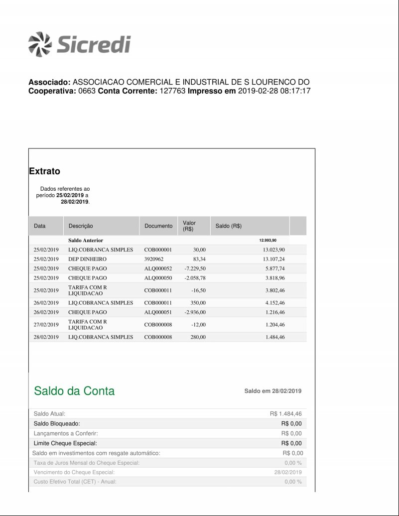 CONTA BANCÁRIA ATUALIZADA EM: 28/02/2019