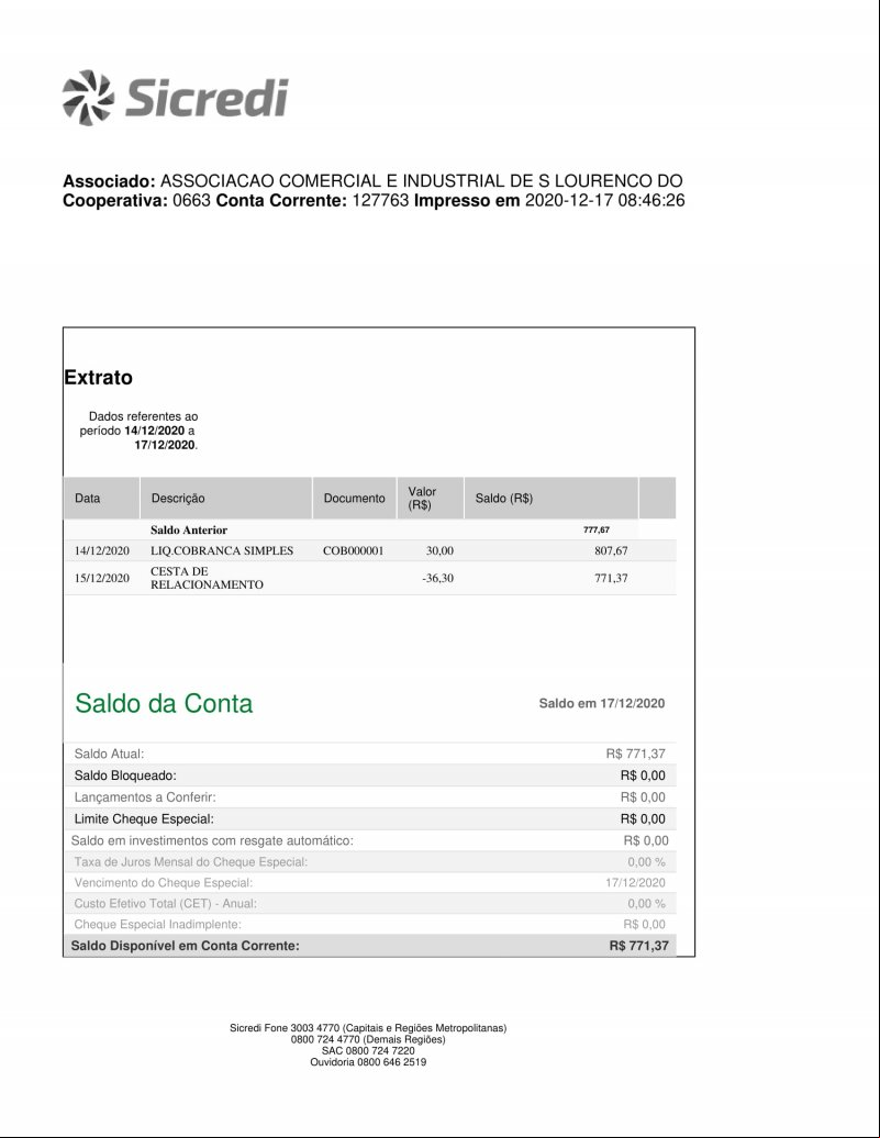 CONTA BANCÁRIA ATUALIZADA EM 17/12/2020