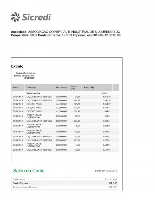 CONTA BANCÁRIA ATUALIZADA EM: 12/09/2019