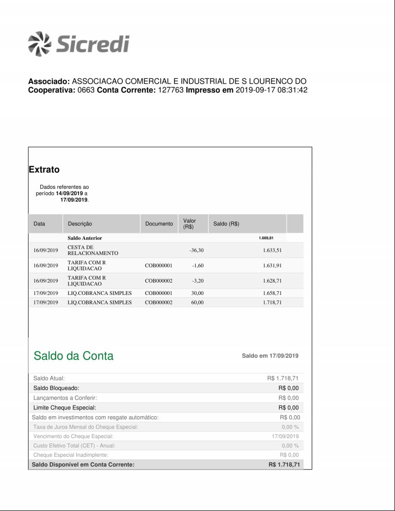 CONTA BANCÁRIA ATUALIZADA EM: 17/09/2019