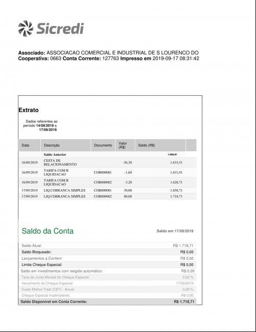 CONTA BANCÁRIA ATUALIZADA EM: 17/09/2019