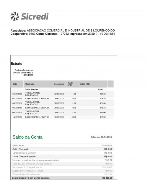 CONTA BANCÁRIA ATUALIZADA EM 10/01/2020