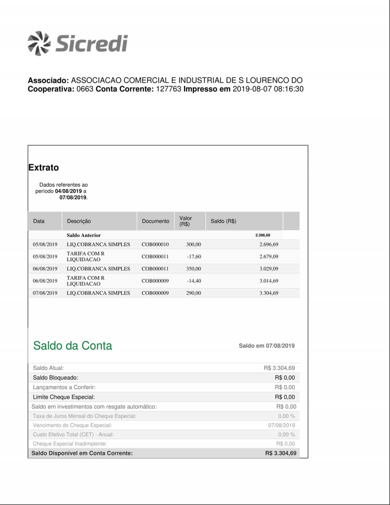 CONTA BANCÁRIA ATUALIZADA EM: 07/08/2019